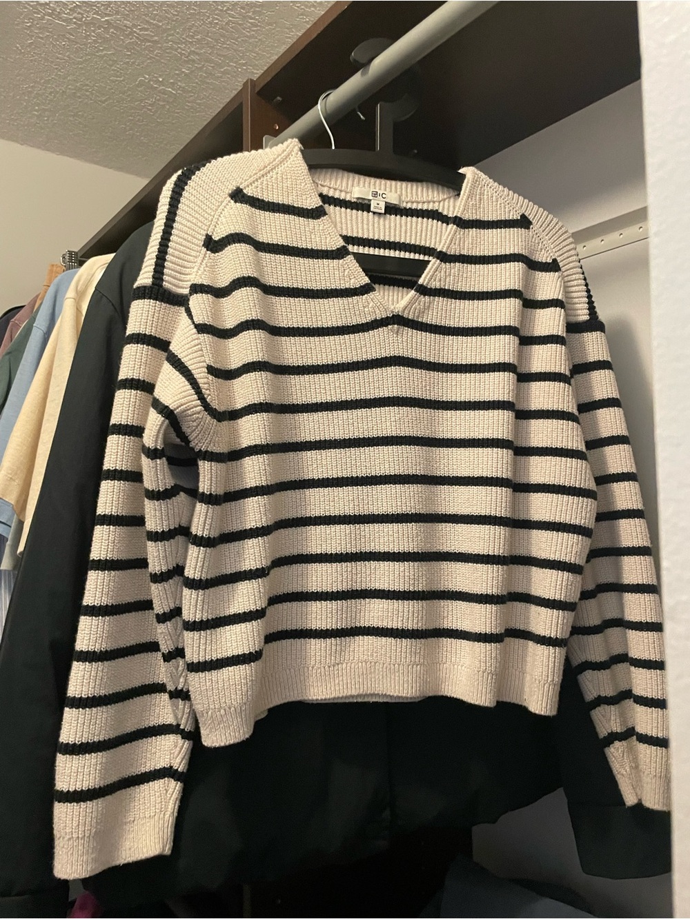 Uniqlo C Cream and Black Striped V-Neck Sweater